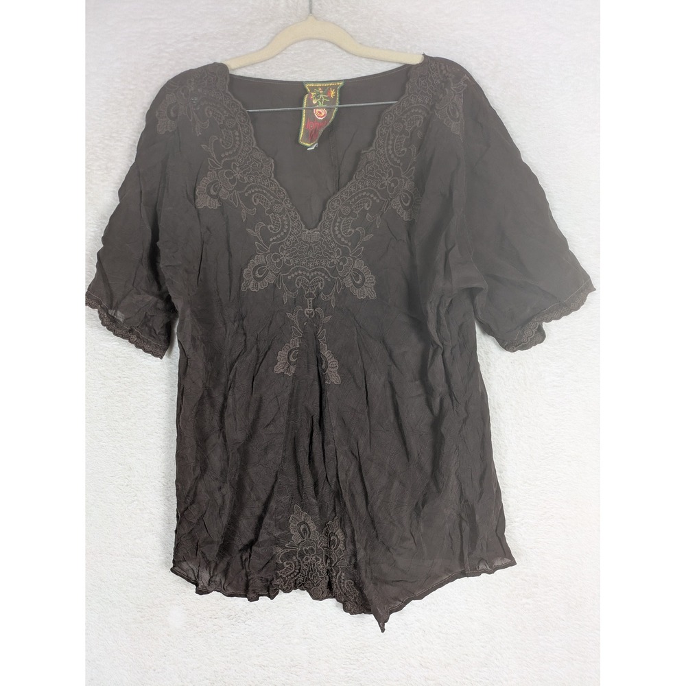 Johnny Was Blouse Women's Medium Dark Brown Embroidered V-Neck Boho Crinkle